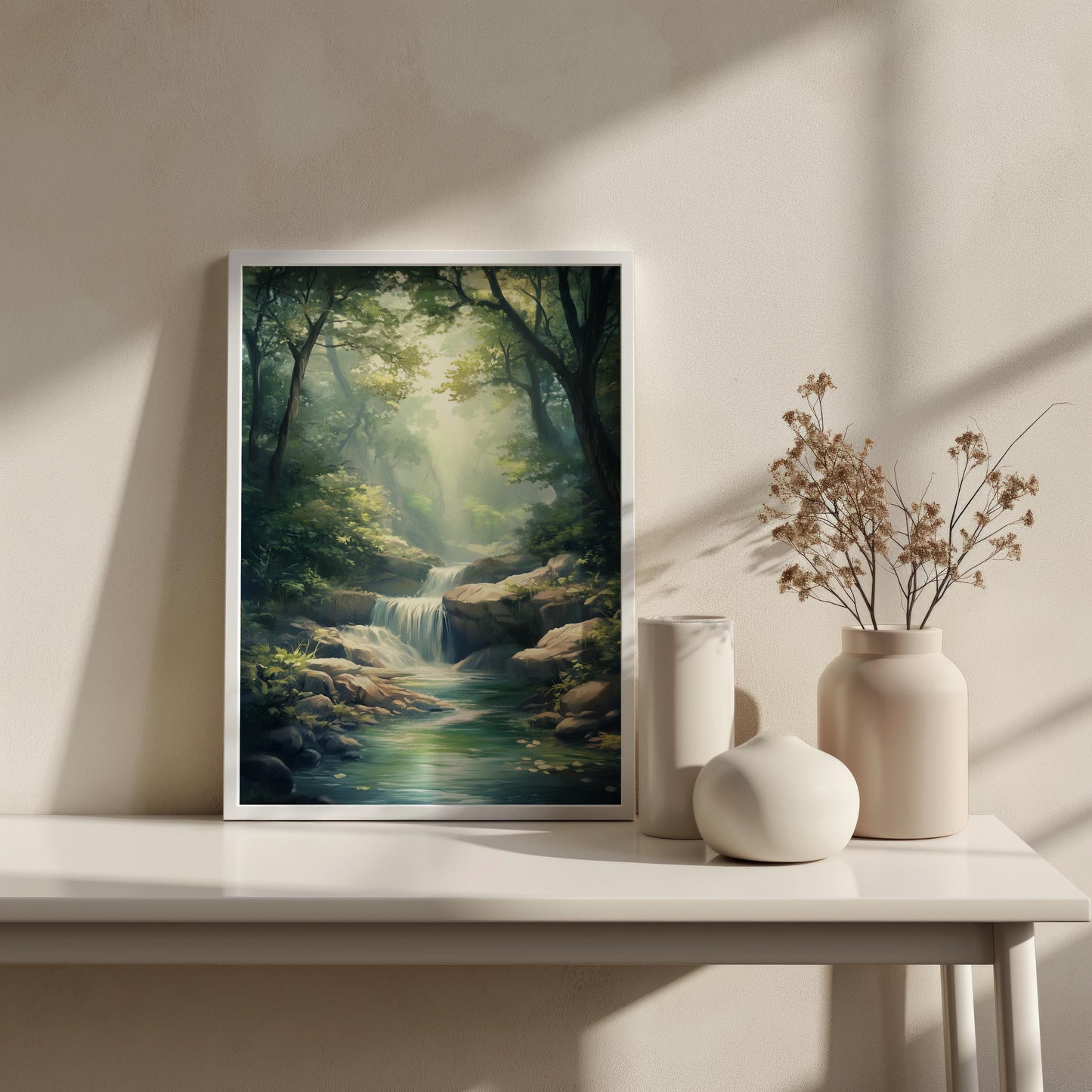 Tranquil Forest Waterfall Canvas Art - Serene Nature Landscape Wall Decor for Living Room, Bedroom, or Office