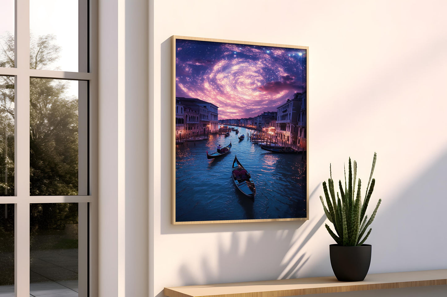 Venice Canal Under Starry Sky Canvas Art  Romantic Night Scene with Gondolas, Dreamy Italian Wall Decor, Magical Cityscape