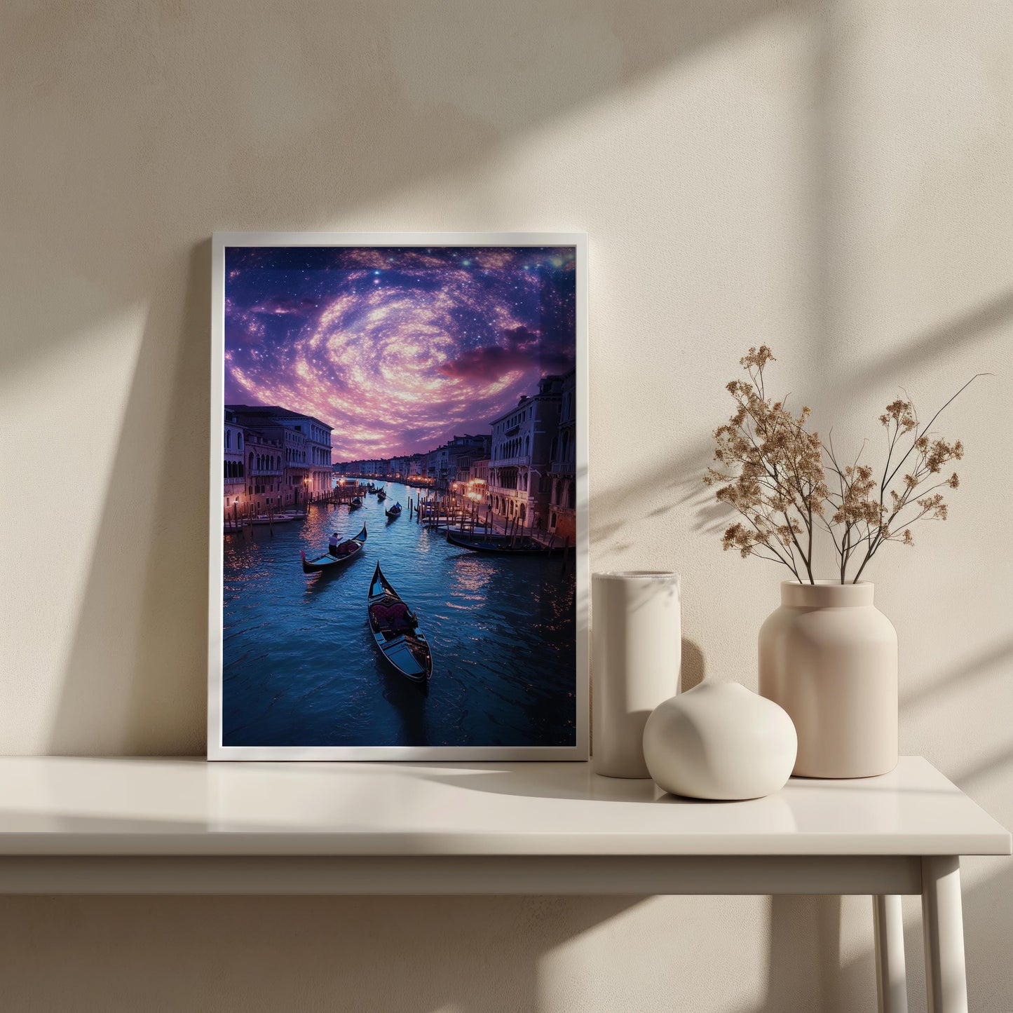 Venice Canal Under Starry Sky Canvas Art  Romantic Night Scene with Gondolas, Dreamy Italian Wall Decor, Magical Cityscape