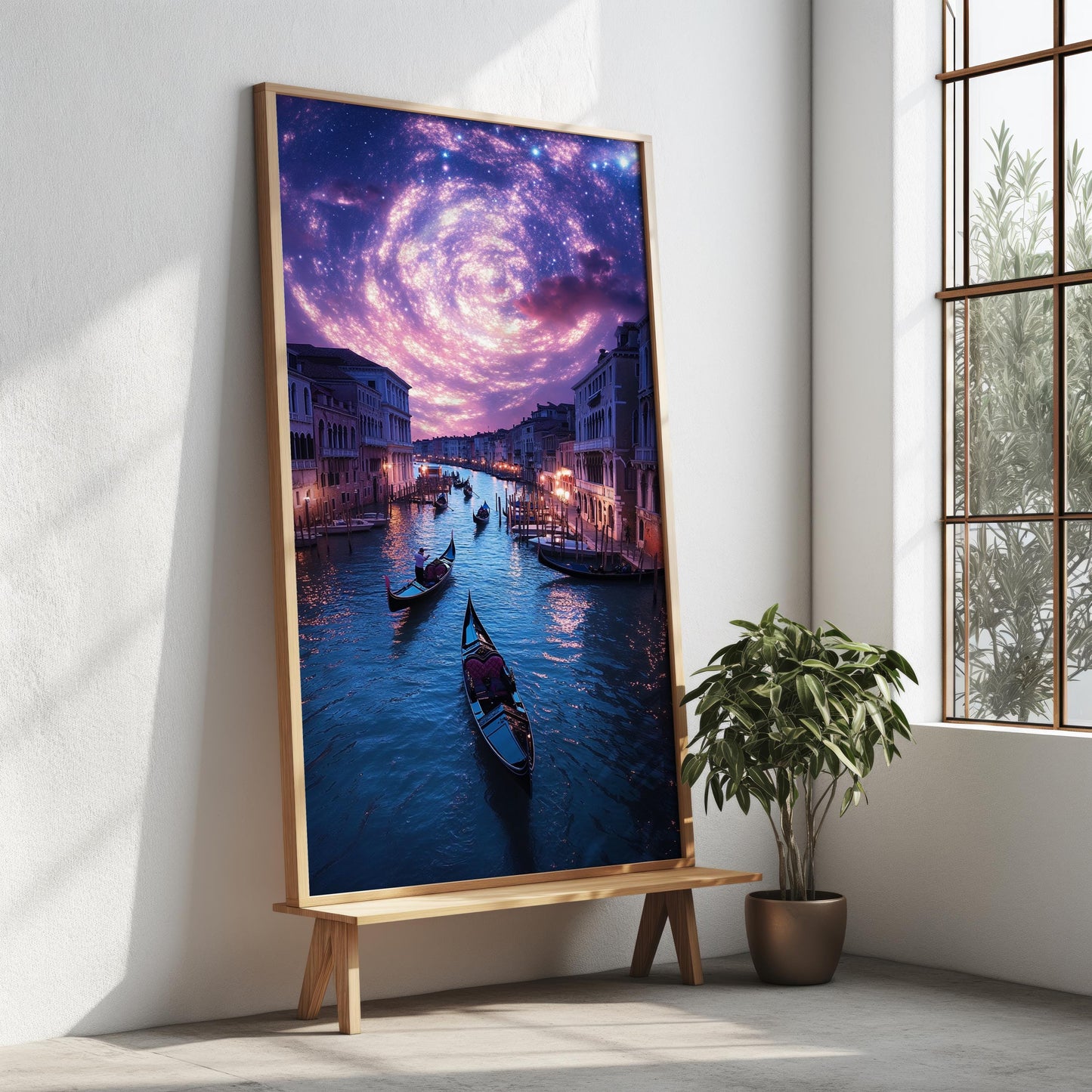 Venice Canal Under Starry Sky Canvas Art  Romantic Night Scene with Gondolas, Dreamy Italian Wall Decor, Magical Cityscape