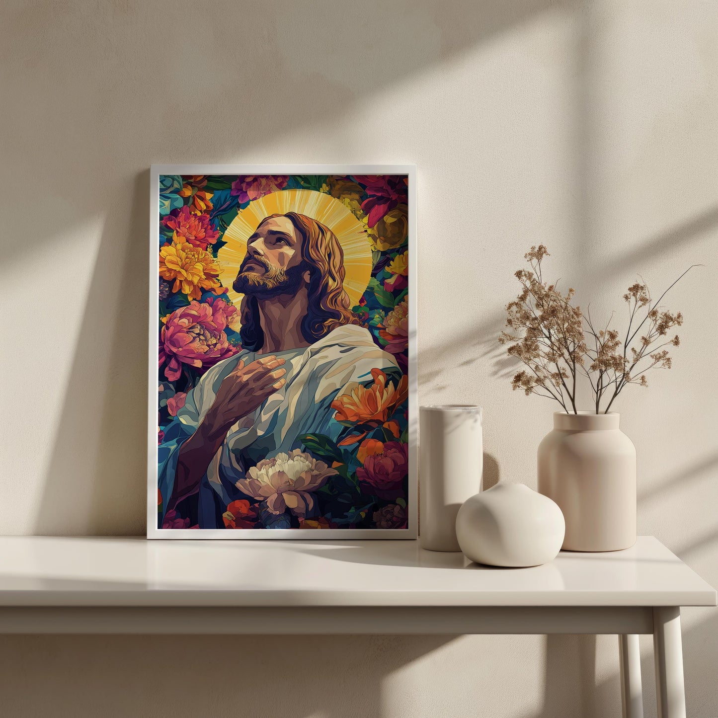 Jesus with Floral Halo Canvas Art  Spiritual Portrait Surrounded by Vibrant Flowers, Christian Wall Decor, Inspirational Artwork