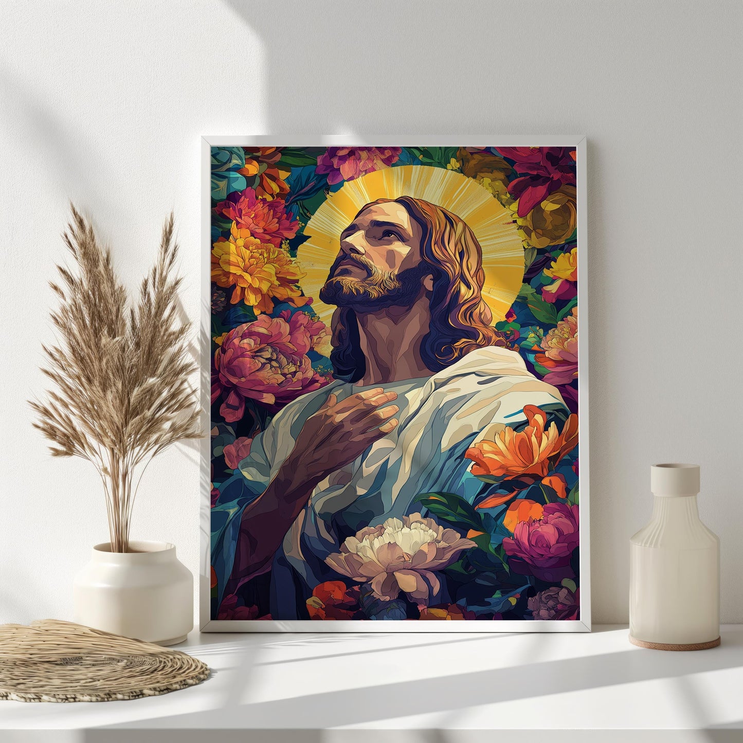 Jesus with Floral Halo Canvas Art  Spiritual Portrait Surrounded by Vibrant Flowers, Christian Wall Decor, Inspirational Artwork