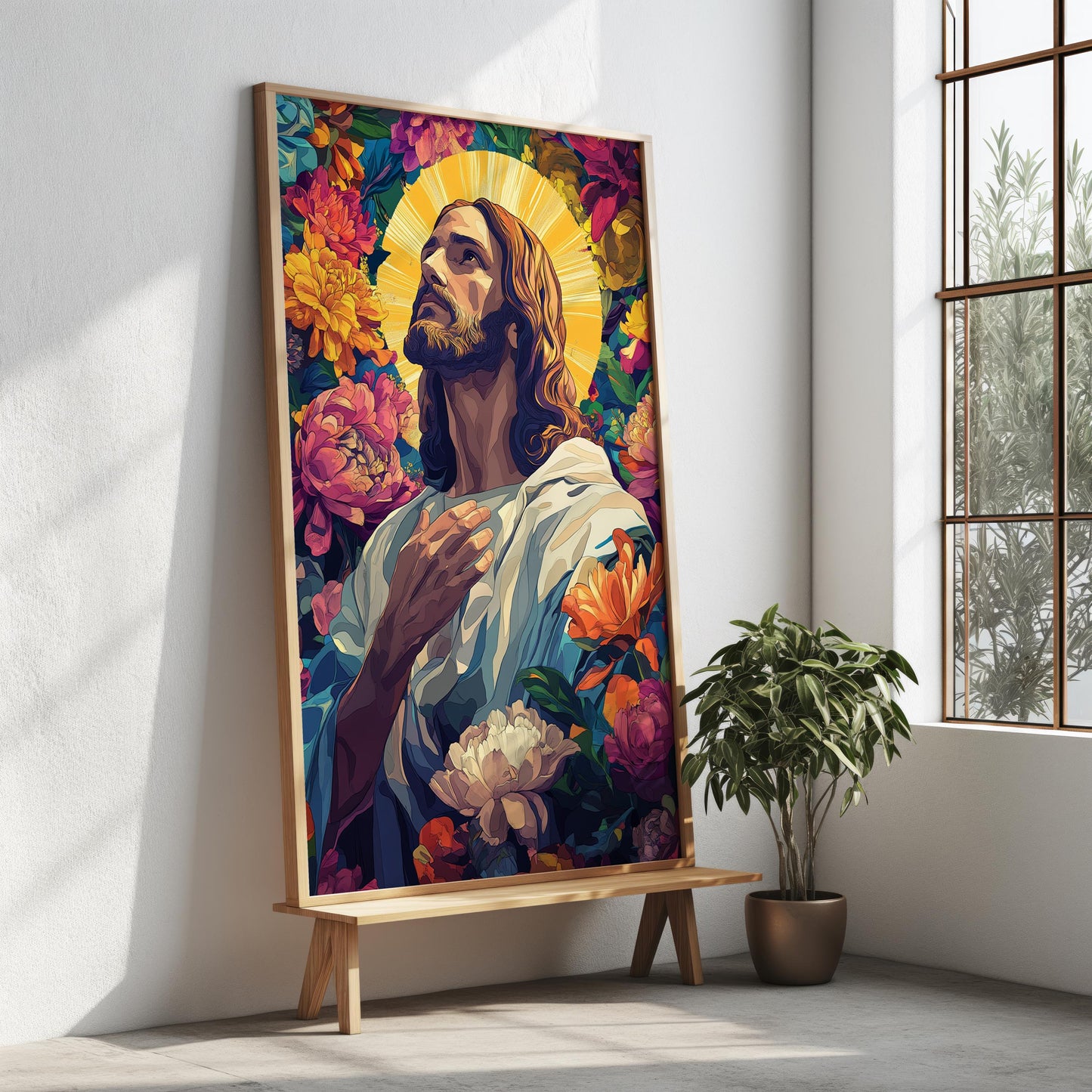 Jesus with Floral Halo Canvas Art  Spiritual Portrait Surrounded by Vibrant Flowers, Christian Wall Decor, Inspirational Artwork