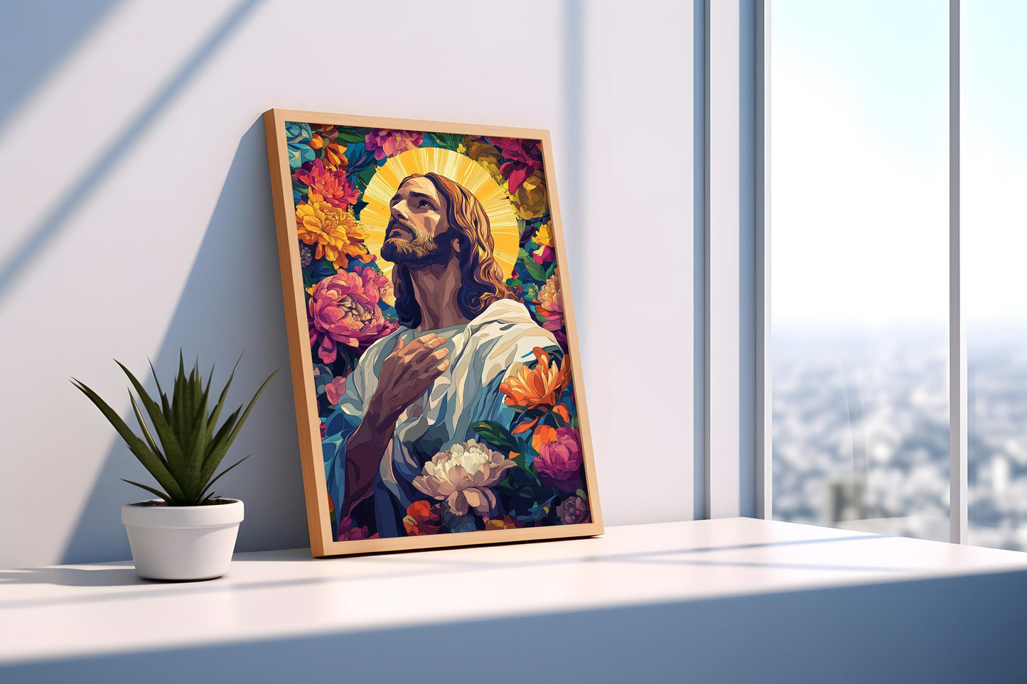 Jesus with Floral Halo Canvas Art  Spiritual Portrait Surrounded by Vibrant Flowers, Christian Wall Decor, Inspirational Artwork