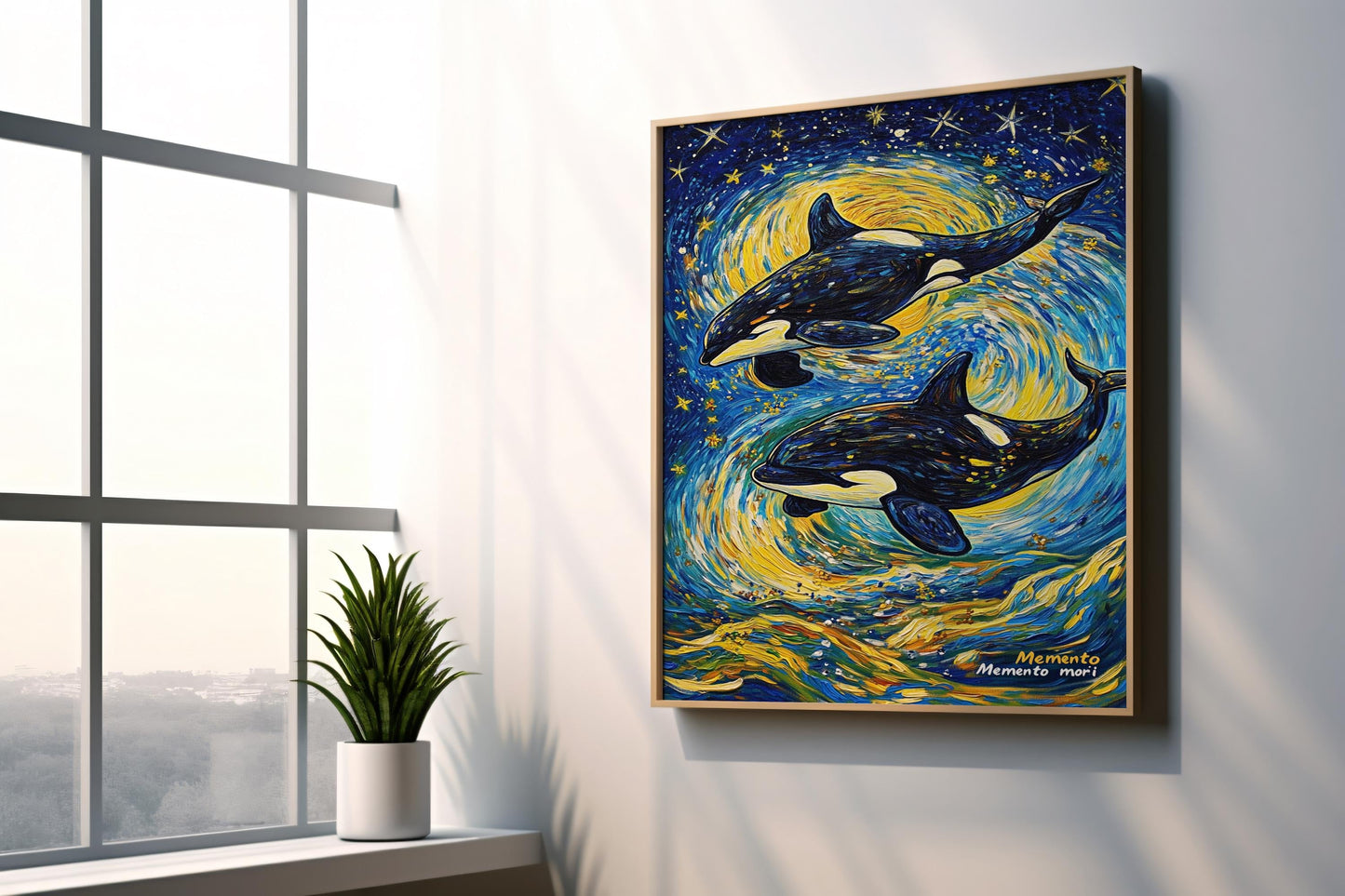 Starry Night Orca Canvas Wall Art | Vibrant Whale Ocean Design | Van Gogh Style Textured Painting | Ready to Hang | Starry Orca Art