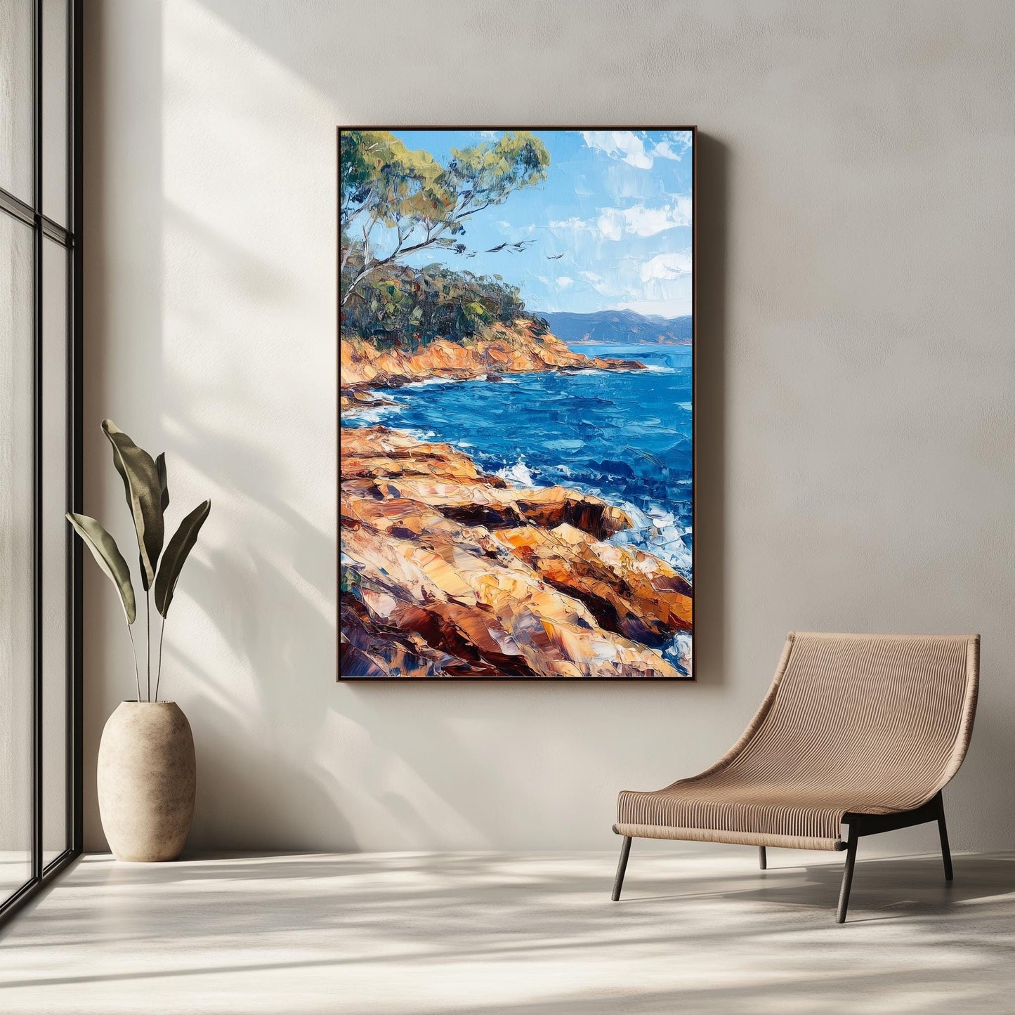 Rocky Seaside Canvas Print - Vibrant Ocean and Cliffs Landscape Art, Coastal Home Decor, Blue Sea Wall Art