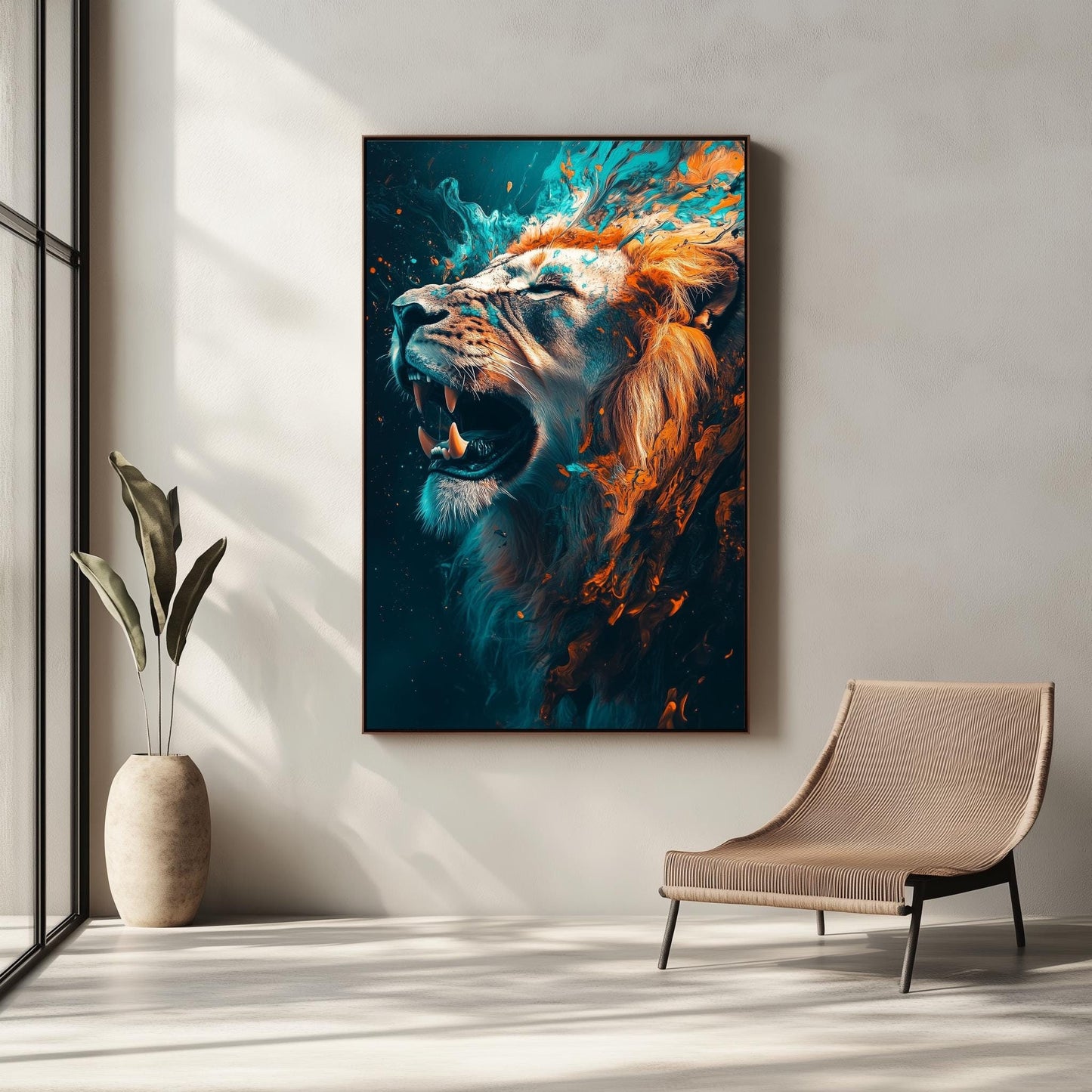 Fierce Roaring Lion Canvas Art - Bold Abstract Wildlife Wall Decor, Dynamic and Powerful Animal Portrait for Modern Spaces