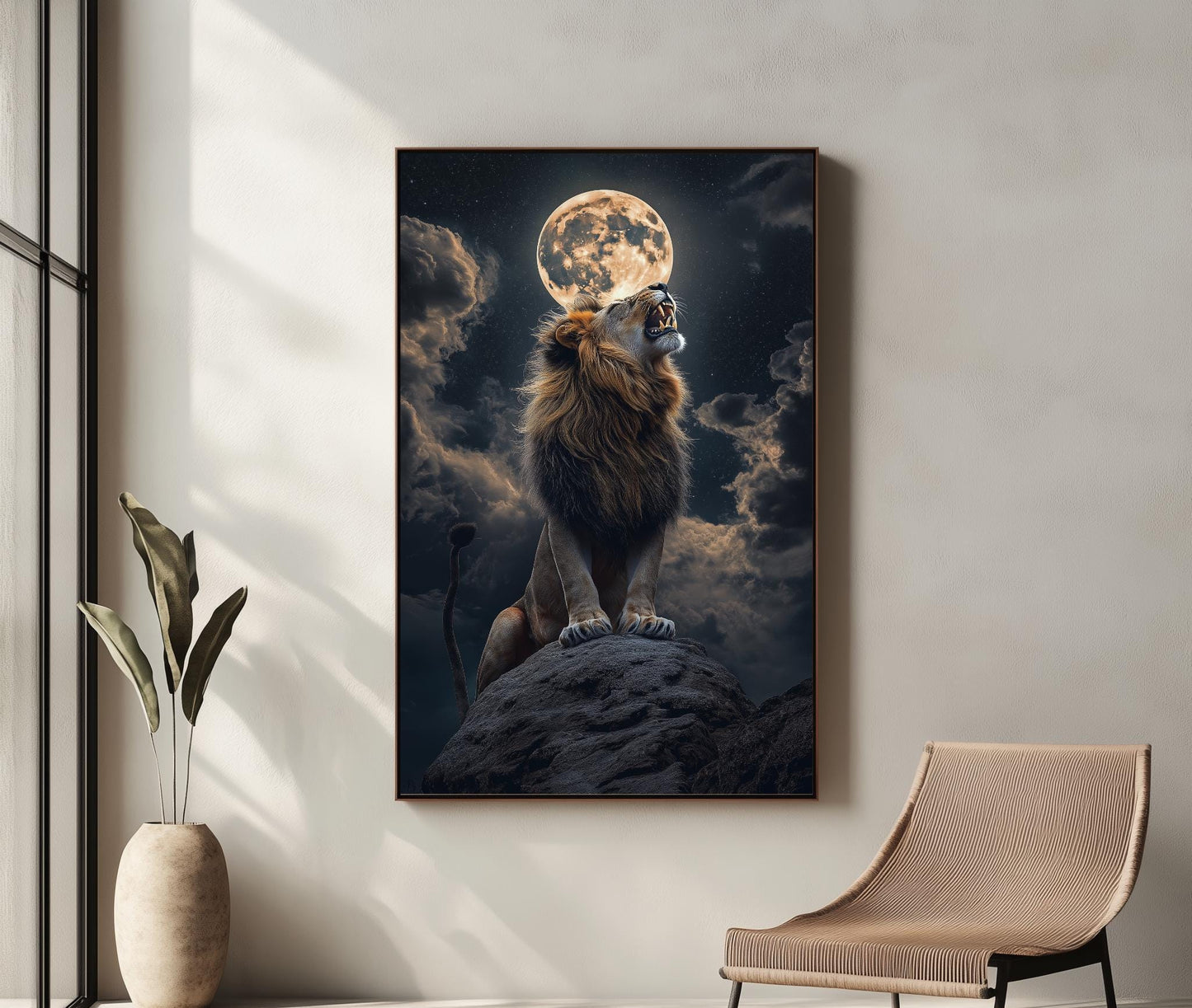 Lion Moonlight Wall Art, Majestic Wildlife Canvas, Dark Fantasy Decor