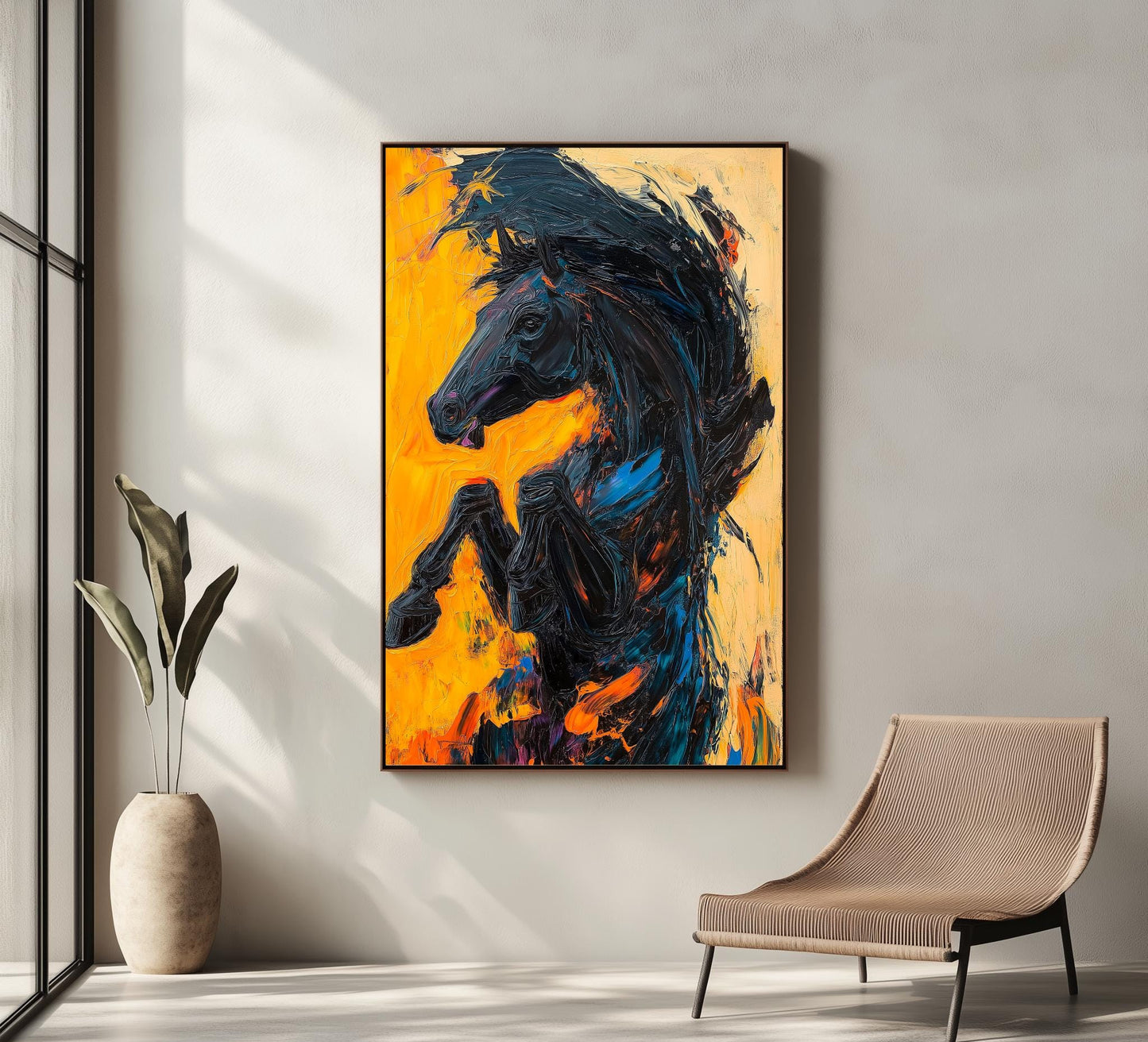 Bold Black Stallion Canvas, Textured Horse Wall Art, Vibrant Abstract Decor