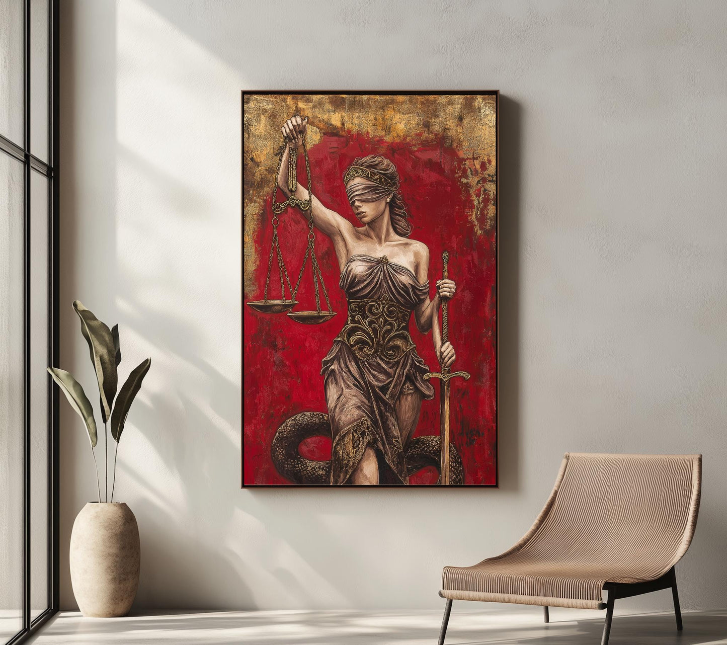 Lady Justice Wall Art | Lawyer Office Decor | Red Gold Canvas Print | Law Firm Attorney Gift | Legal Scale Sword