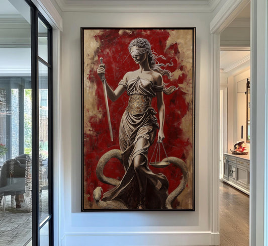 Lady Justice Wall Art - Bold Red Canvas with Blindfolded Statue Design