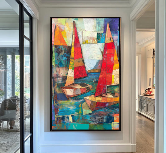 Abstract Sailing Boat Canvas Art  Bright Colorful Wall Decor for Living Room