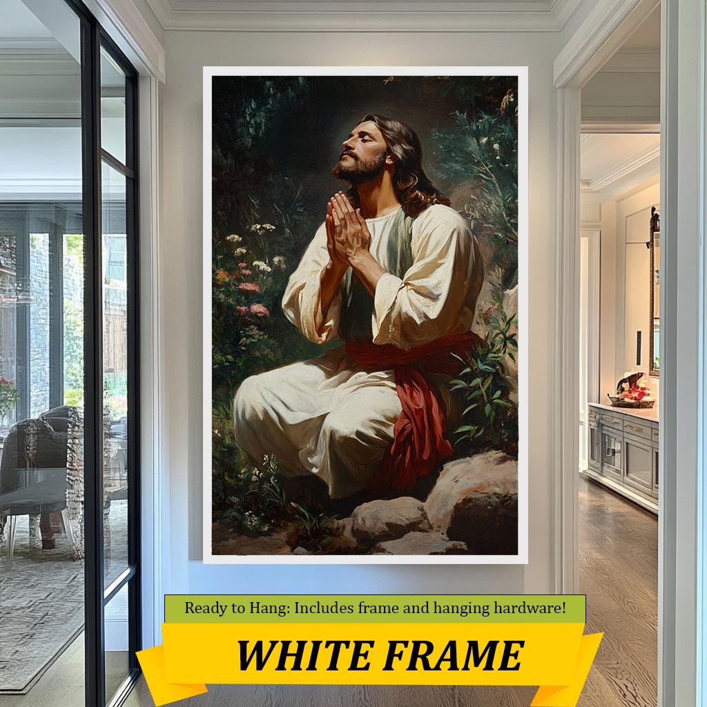 Jesus Praying in Garden Artwork, Inspirational Religious Painting, Christian Wall Art for Home Decor, Faith and Serenity Print