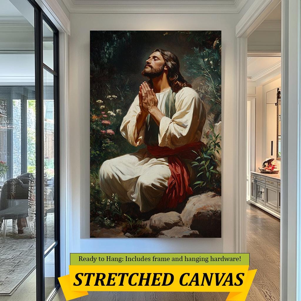 Jesus Praying in Garden Artwork, Inspirational Religious Painting, Christian Wall Art for Home Decor, Faith and Serenity Print