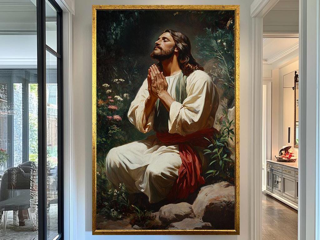 Jesus Praying in Garden Artwork, Inspirational Religious Painting, Christian Wall Art for Home Decor, Faith and Serenity Print