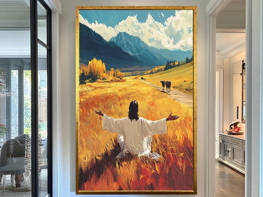 Jesus in Field with Open Arms Artwork, Christian Wall Art, Spiritual Nature Painting, Peaceful Faith Home Decor | Religious Artwork