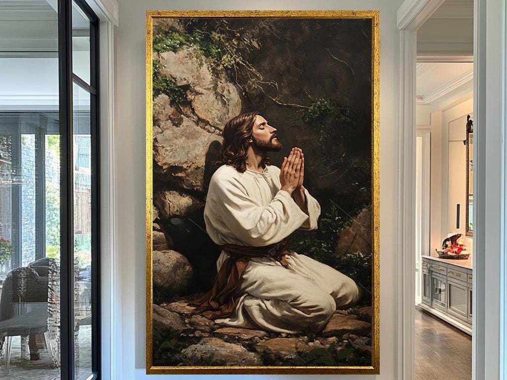 Jesus Praying in Gethsemane Wall Art, Inspirational Christian Artwork, Spiritual Faith Painting for Home and Prayer Room Decor