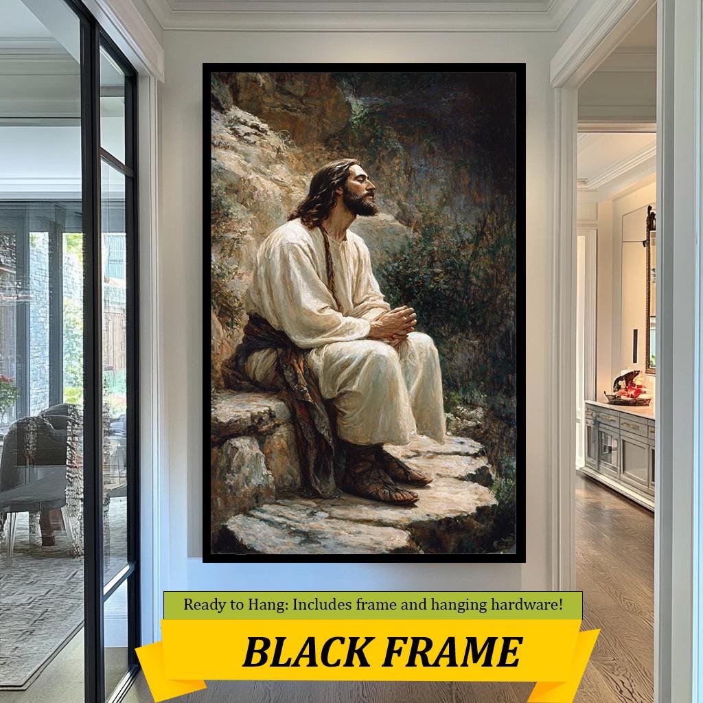 Jesus in Contemplation Wall Art, Peaceful Christian Painting, Inspirational Faith Artwork for Home, Prayer Room, or Church Décor