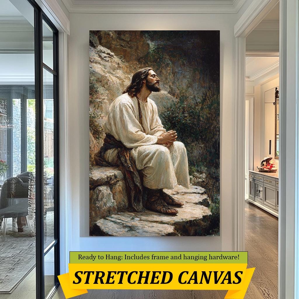 Jesus in Contemplation Wall Art, Peaceful Christian Painting, Inspirational Faith Artwork for Home, Prayer Room, or Church Décor