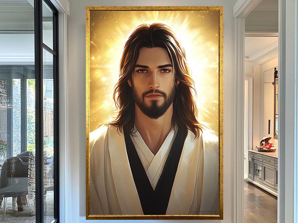 Radiant Jesus Christ Portrait Artwork, Inspirational Christian Wall Art, Divine Light Painting for Home, Church, and Prayer Room Decor