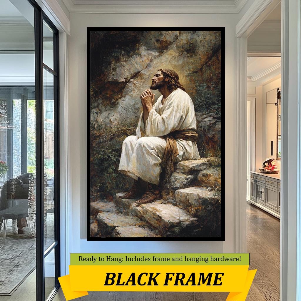 Jesus Praying in Serenity Artwork, Inspirational Christian Wall Art, Spiritual Faith Painting for Home, Church, and Prayer Room Decor