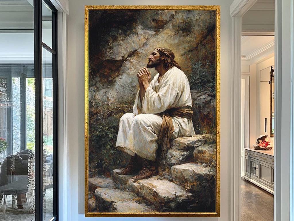 Jesus Praying in Serenity Artwork, Inspirational Christian Wall Art, Spiritual Faith Painting for Home, Church, and Prayer Room Decor