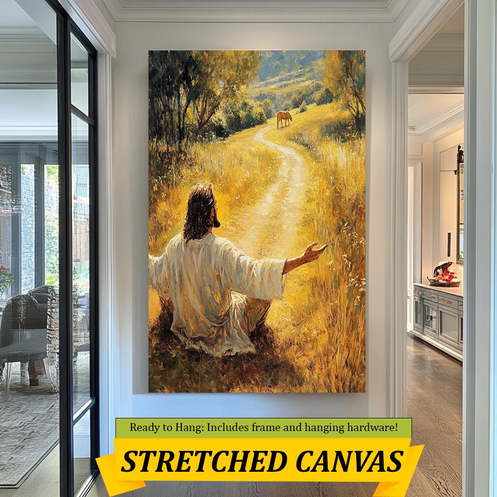 Jesus in Peaceful Meadow Artwork, Inspirational Christian Wall Art, Spiritual Landscape Painting for Home, Church, and Prayer Room Decor