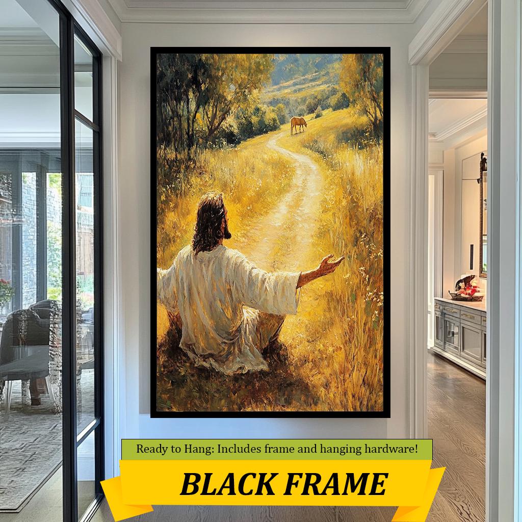 Jesus in Peaceful Meadow Artwork, Inspirational Christian Wall Art, Spiritual Landscape Painting for Home, Church, and Prayer Room Decor