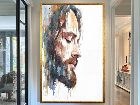 Jesus Watercolor Portrait Artwork, Inspirational Christian Wall Art, Modern Spiritual Painting for Home, Church, and Prayer Room Decor