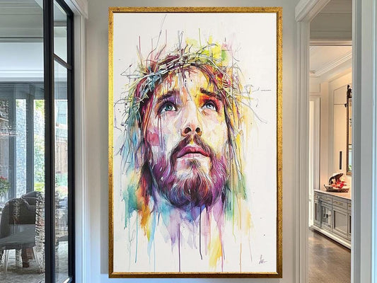 Jesus Christ Watercolor Portrait with Crown of Thorns, Inspirational Christian Wall Art, Modern Spiritual Home Décor Painting