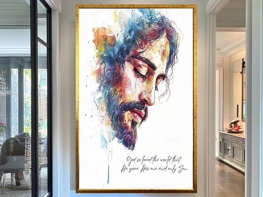 Jesus Christ Watercolor Portrait with Bible Verse, Inspirational Christian Wall Art, Modern Faith Artwork for Home Décor