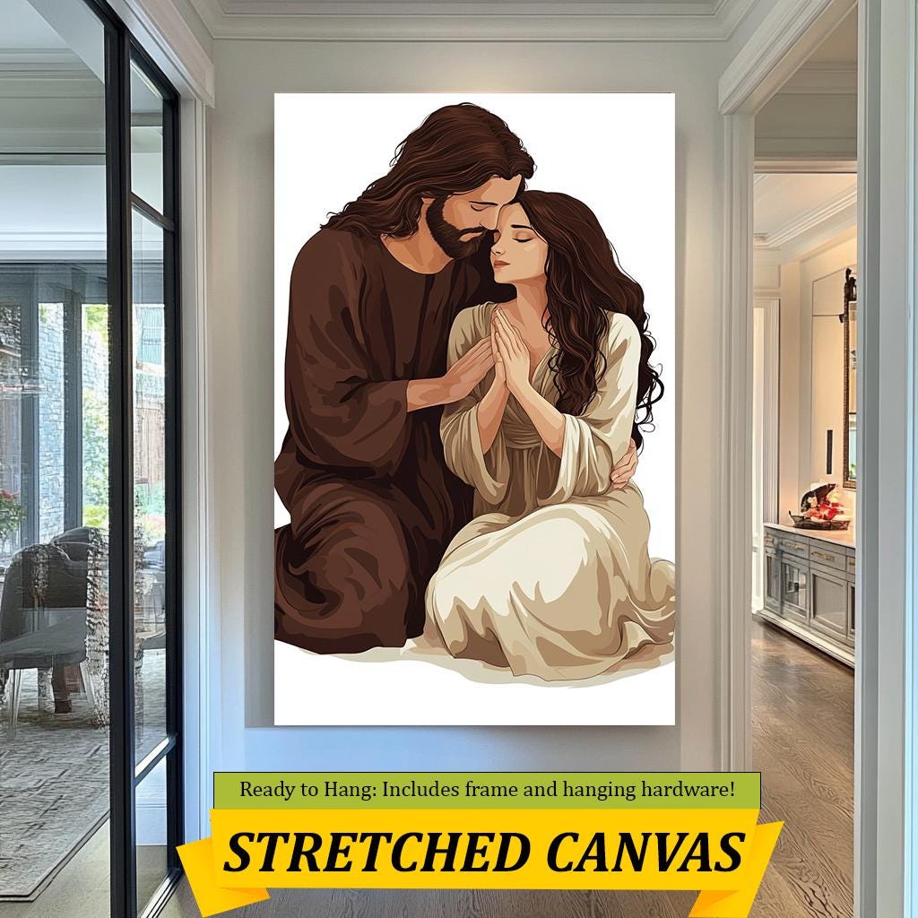 Jesus and Woman in Prayer Artwork, Inspirational Christian Wall Art, Spiritual Devotion Painting for Home and Prayer Room Décor