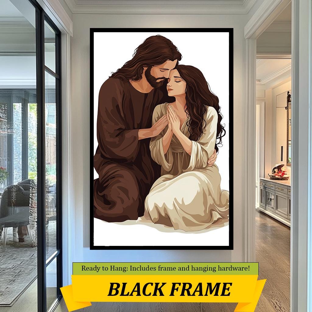 Jesus and Woman in Prayer Artwork, Inspirational Christian Wall Art, Spiritual Devotion Painting for Home and Prayer Room Décor