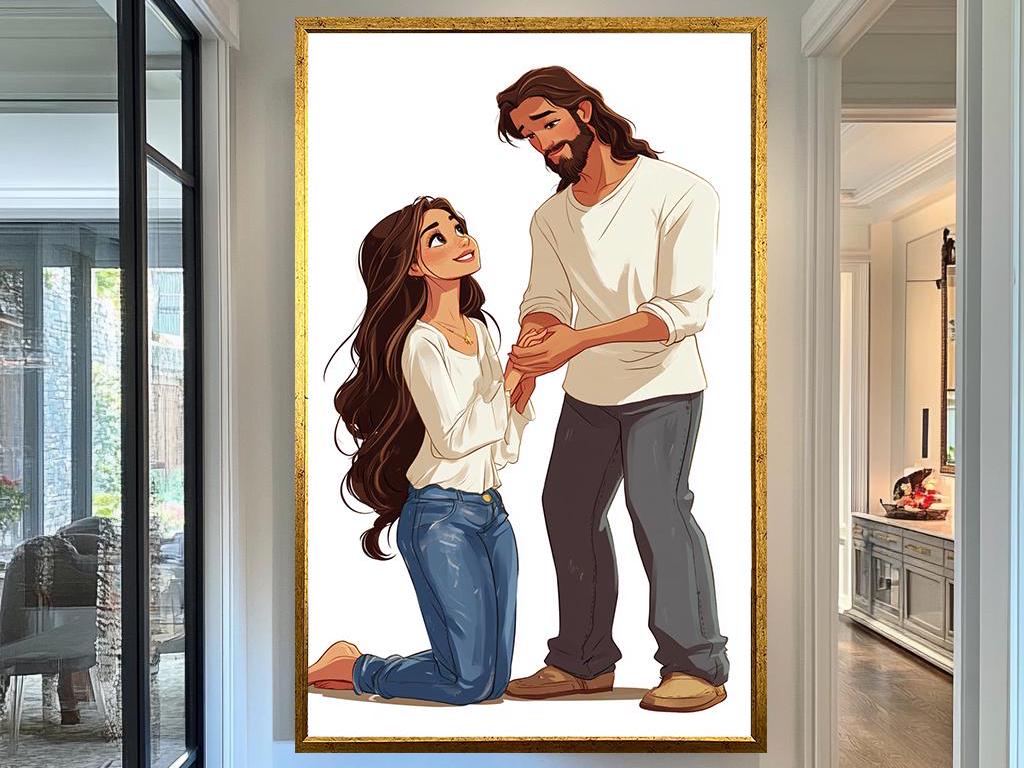 Jesus and Woman in a Moment of Grace Artwork, Inspirational Christian Wall Art, Modern Faith Illustration for Home and Prayer Room Décor