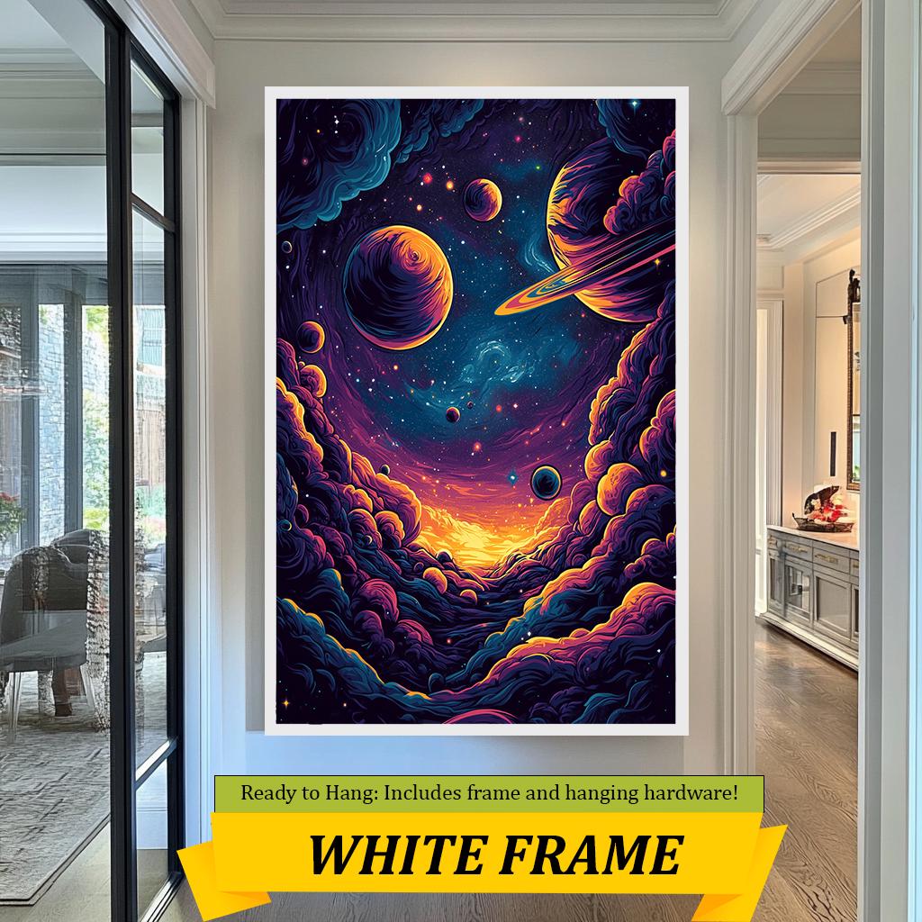 Galaxy Wall Art | Cosmic Canvas Decor Vibrant Galaxy Illustration with Planets and Clouds - Cosmic Digital Art for Home Decor