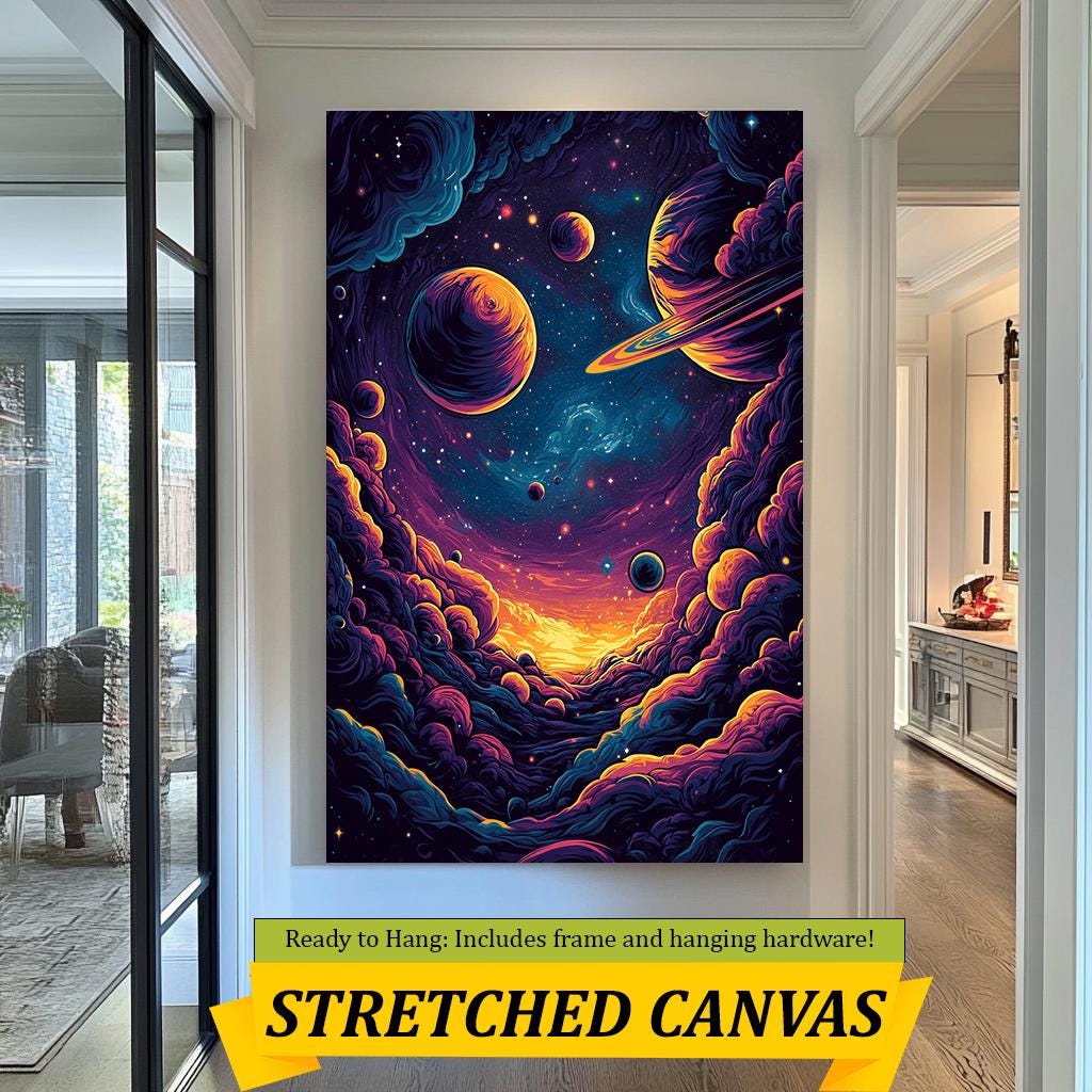 Galaxy Wall Art | Cosmic Canvas Decor Vibrant Galaxy Illustration with Planets and Clouds - Cosmic Digital Art for Home Decor