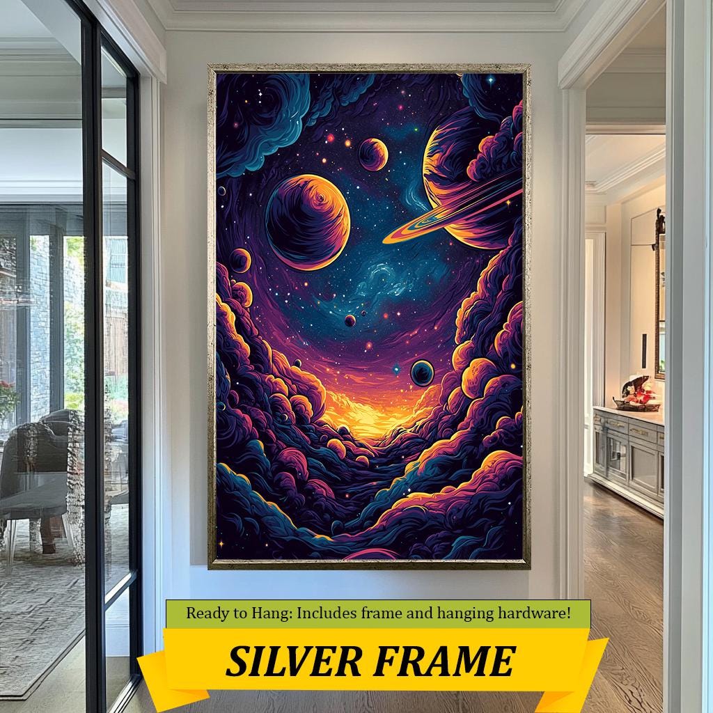 Galaxy Wall Art | Cosmic Canvas Decor Vibrant Galaxy Illustration with Planets and Clouds - Cosmic Digital Art for Home Decor