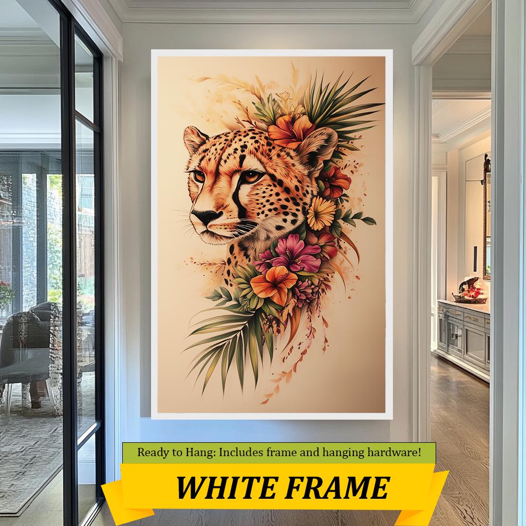 Tropical Flower Cheetah Wall Art - Elegant Animal Portrait Illustration for Home Decor - Safari Wall Decor | Cheetah wall decor | Cheetah