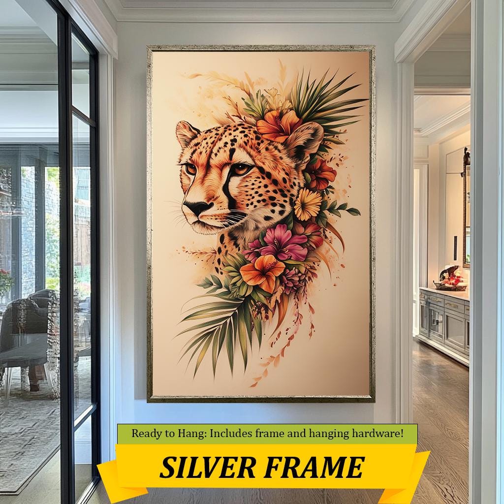 Tropical Flower Cheetah Wall Art - Elegant Animal Portrait Illustration for Home Decor - Safari Wall Decor | Cheetah wall decor | Cheetah