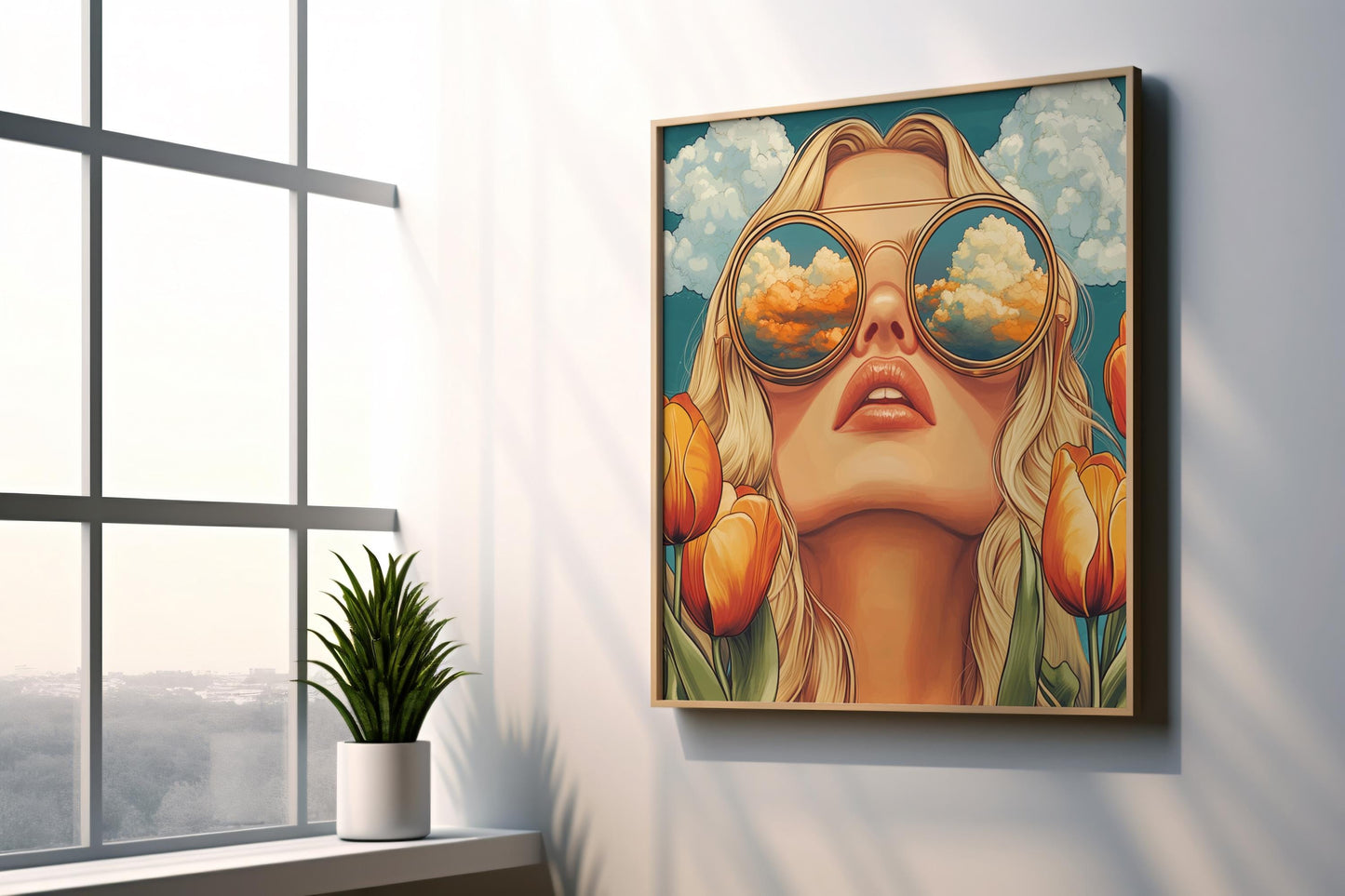 Retro Women Wall Art | Bold Pop Art Print | Abstract Portrait Canvas Print | Orange Tulip Aesthetic Wall Decor | Modern Fashion Art