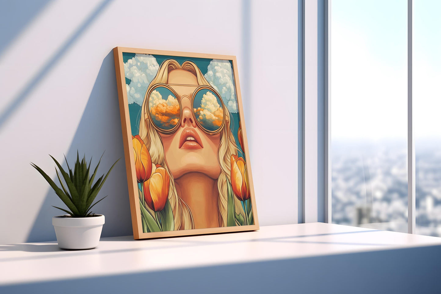 Retro Women Wall Art | Bold Pop Art Print | Abstract Portrait Canvas Print | Orange Tulip Aesthetic Wall Decor | Modern Fashion Art