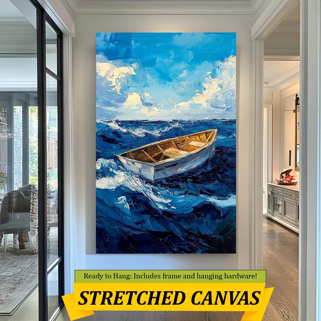 Boat on Stormy Sea Canvas Art, Hand-Painted Ocean Scene, Dramatic Nautical Wall Decor, Abstract Seascape Artwork for Home or Office