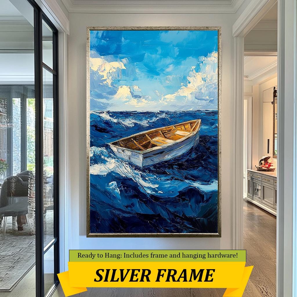 Boat on Stormy Sea Canvas Art, Hand-Painted Ocean Scene, Dramatic Nautical Wall Decor, Abstract Seascape Artwork for Home or Office