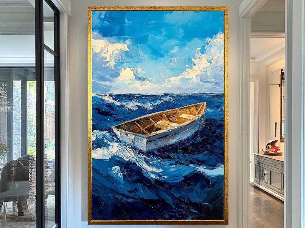 Boat on Stormy Sea Canvas Art, Hand-Painted Ocean Scene, Dramatic Nautical Wall Decor, Abstract Seascape Artwork for Home or Office