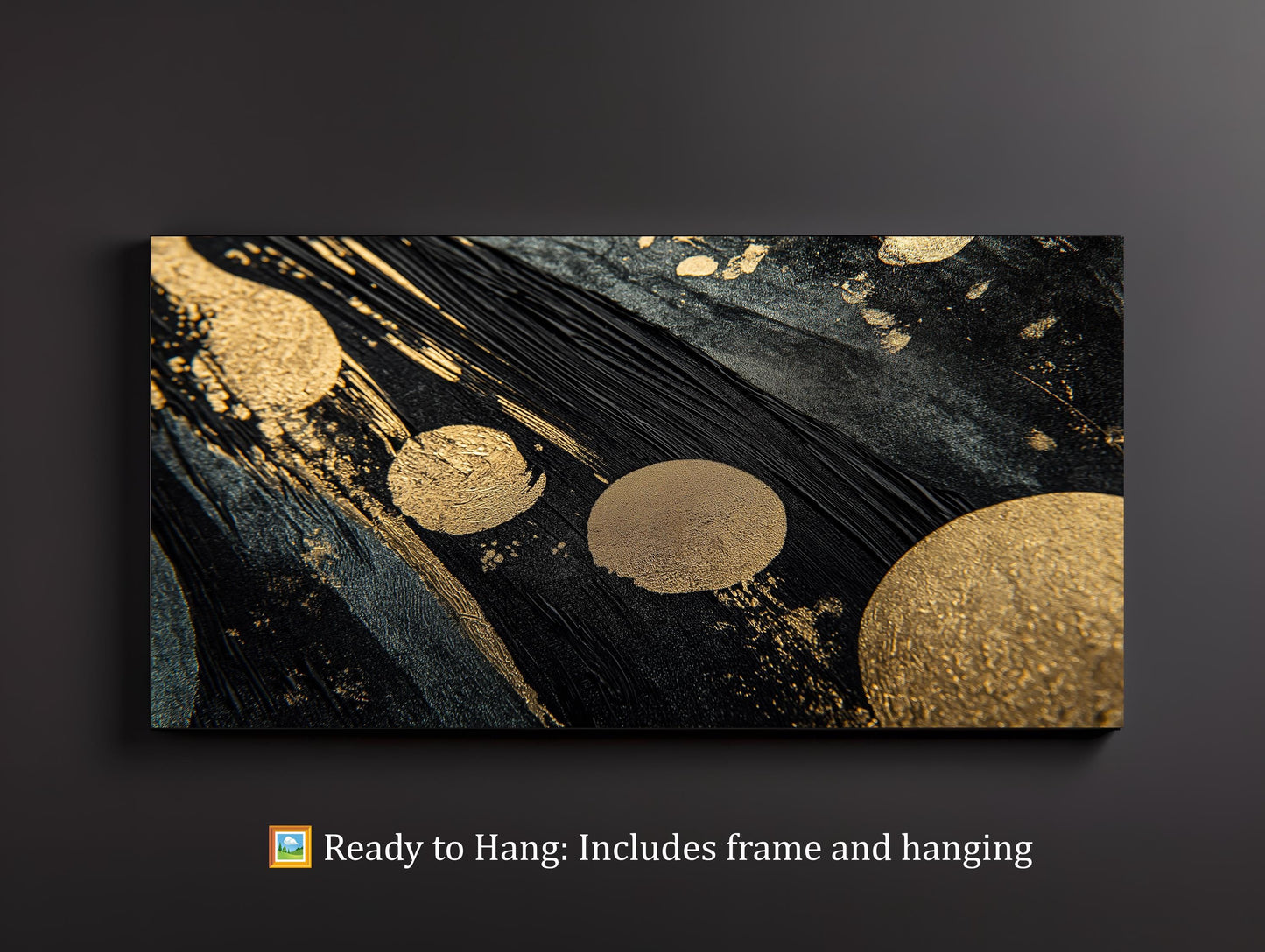 Golden Circles Canvas Art, Modern Abstract Black and Gold Artwork, Luxurious Metallic Wall Decor, Minimalist Painting for Home or Office