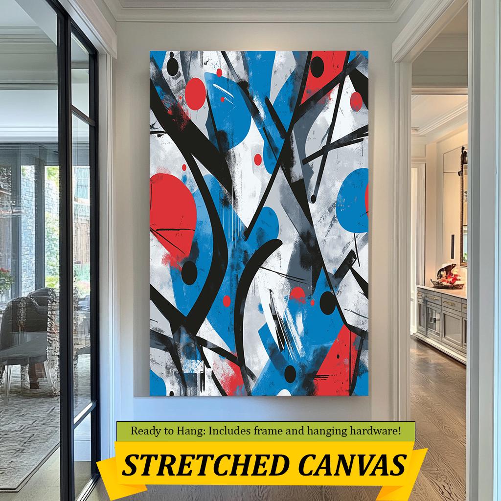 Bold Geometric Abstract Canvas Art, Modern Red and Blue Wall Decor, Contemporary Graphic Artwork, Dynamic Shapes Painting for Home