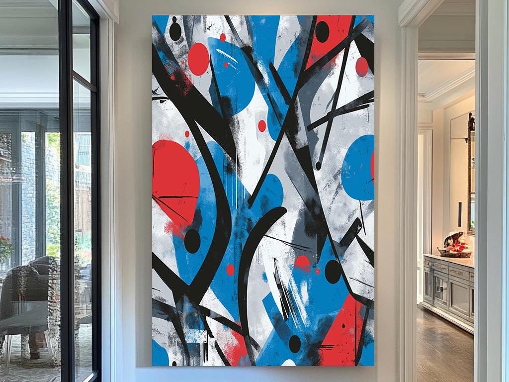 Bold Geometric Abstract Canvas Art, Modern Red and Blue Wall Decor, Contemporary Graphic Artwork, Dynamic Shapes Painting for Home