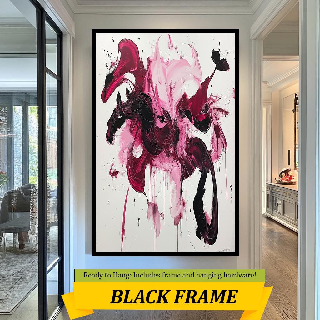 Bold Abstract Brushstroke Canvas  Deep Red and Pink Splashes with Black Accents for Modern Artistic Wall Decor