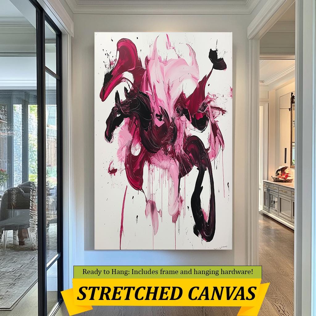 Bold Abstract Brushstroke Canvas  Deep Red and Pink Splashes with Black Accents for Modern Artistic Wall Decor