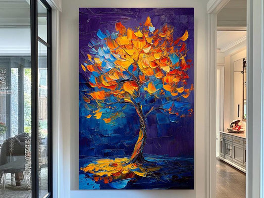 Autumn Tree Canvas Art, Vibrant Abstract Nature Painting, Bold Textured Fall Leaves Artwork, Modern Wall Decor for Home or Office